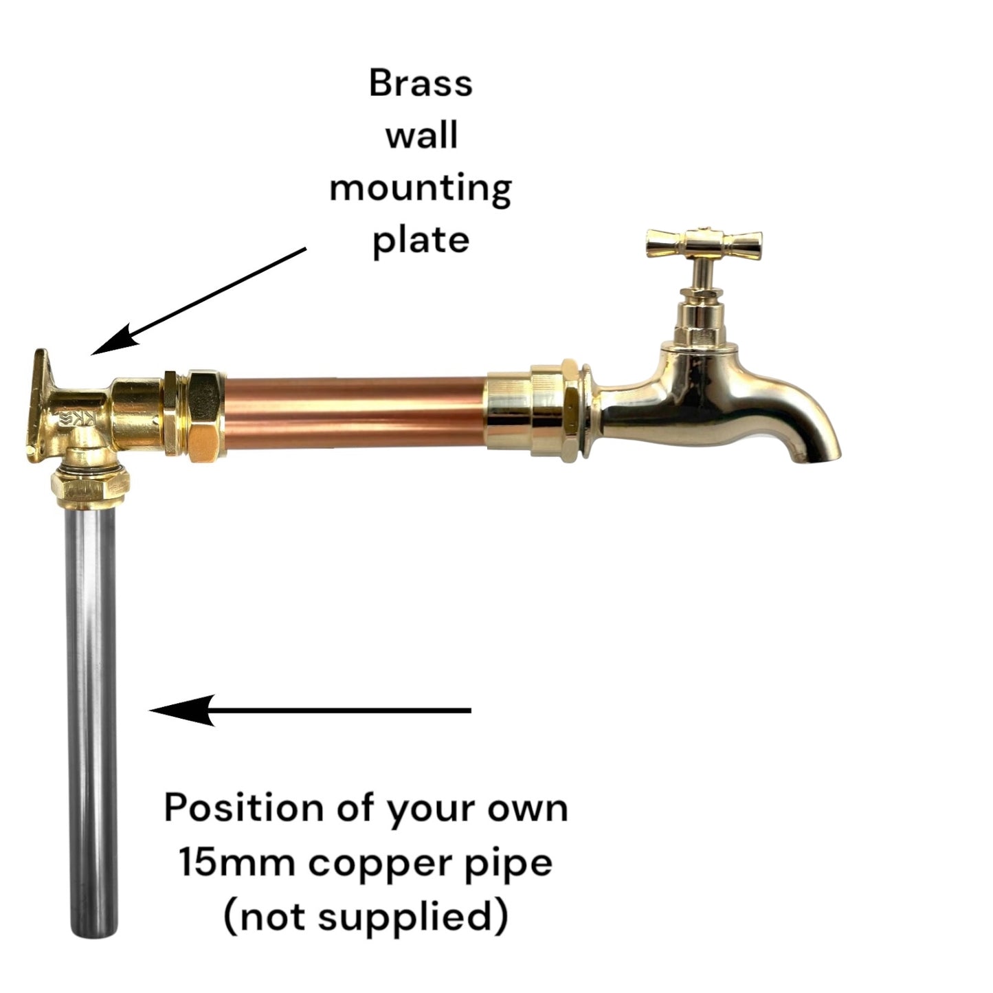 Brass and copper kitchen or bathroom wall taps on a white background
