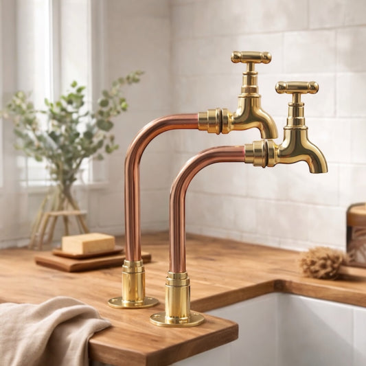 Pair of Brass and Copper Taps, Custom Size, Traditional Vintage Style (T18)