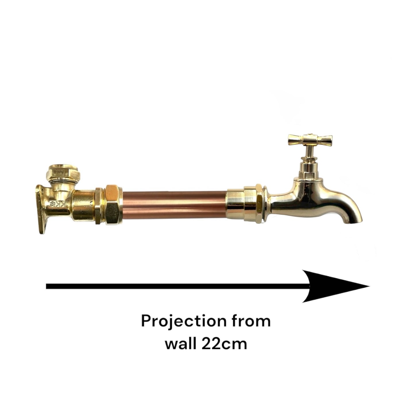 Brass and copper wall mounted tap with an arrow indicating projection from wall.