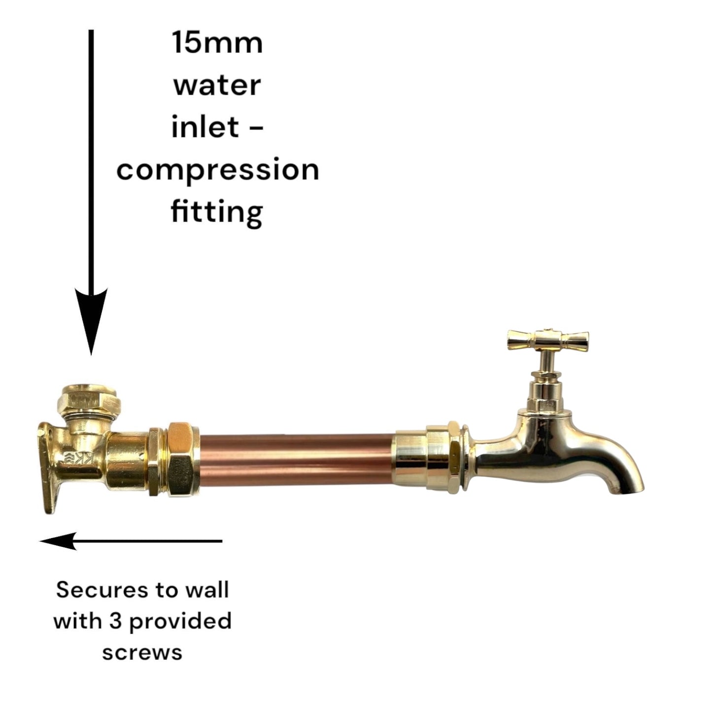 Brass and copper plumbing fixture with water inlet and compression fitting labeled on a white background.