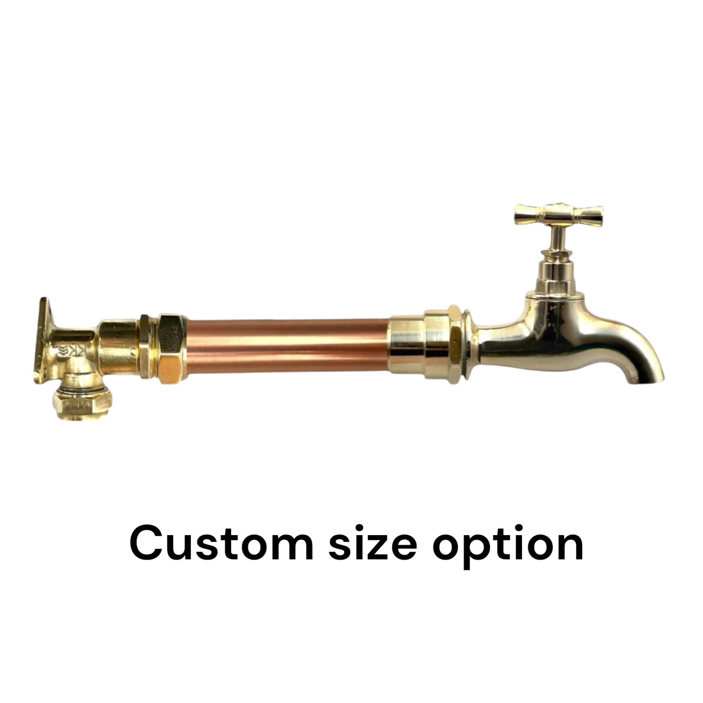 Custom size copper and brass wall mounted tap on a white background