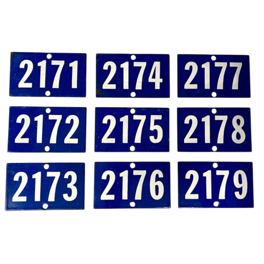 A set of vintage French blue enamel door numbers ranging from 2171 to 2179 displayed in a grid layout for sale by All Things French Store