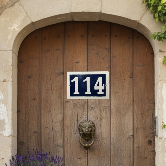 Wooden door with a lion knocker and number 114 sign, stone wall background