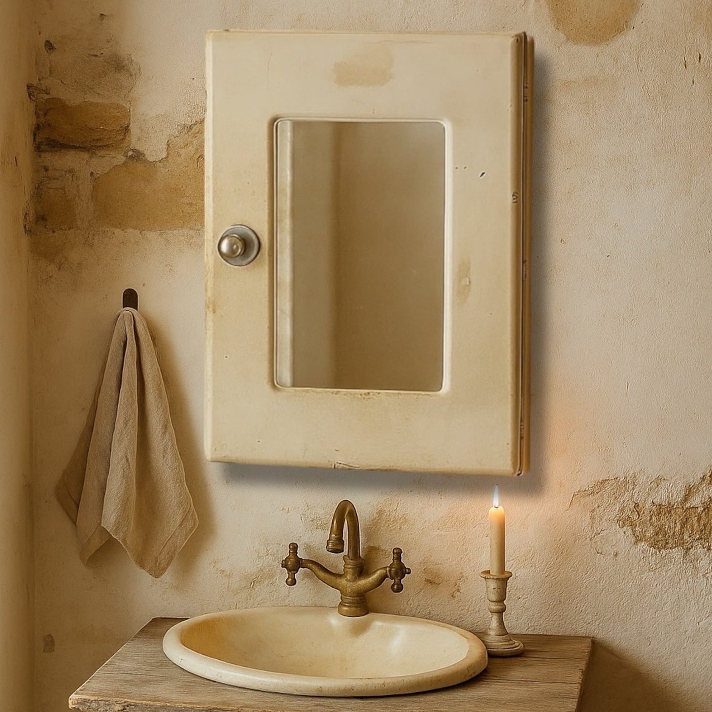 Beige bathroom sink with mirror and candle on a textured wall