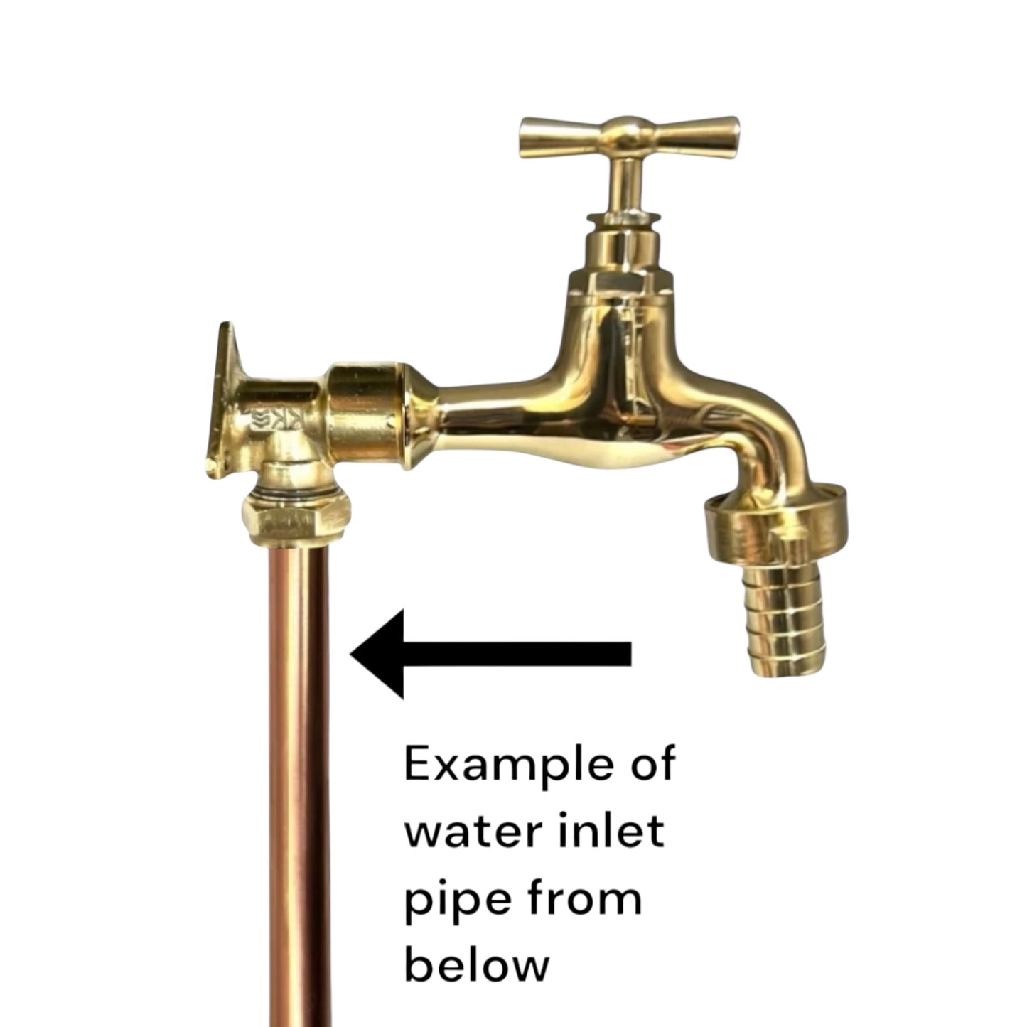 Brass water faucet with a water inlet pipe on a white background