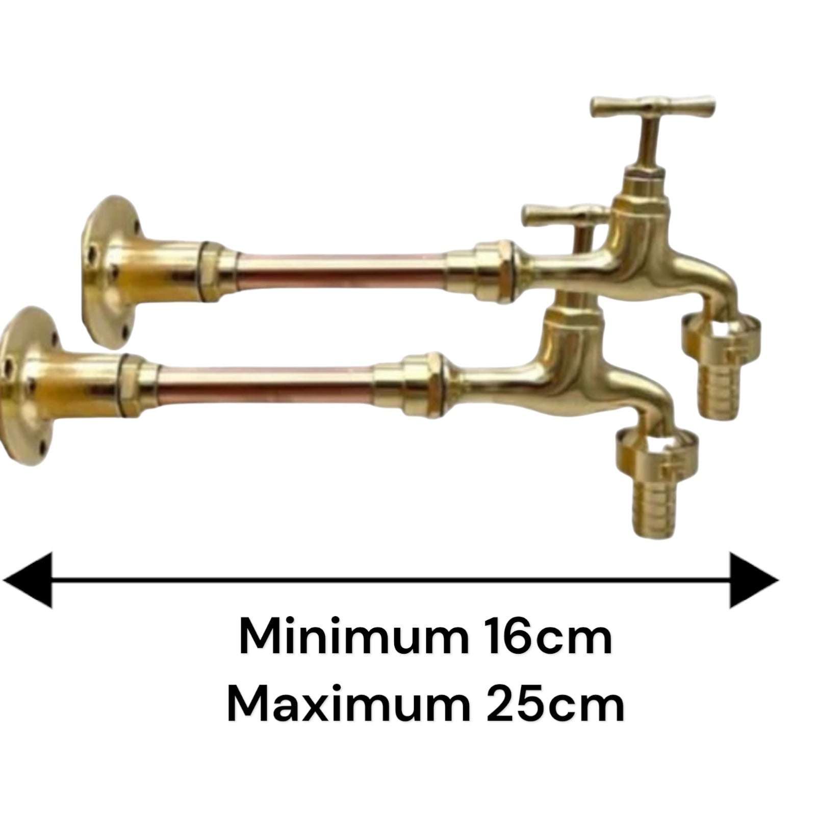 Pair of copper and brass wall mounted taps  custom size made to measure