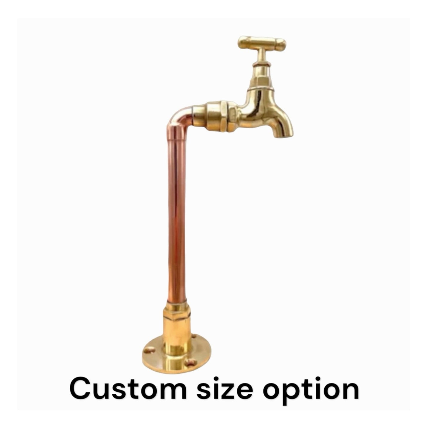A vintage style copper and brass tap with a small tap head, displayed on a plain background with text indicating a custom size option for sale from All Things French Store.