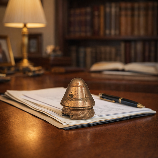 Vintage brass WW1 paperweight and pen on an open book with a blurred bookshelf in the background