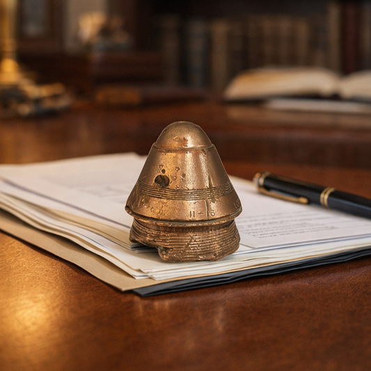 Vintage brass WW1 paperweight and pen on an open book with a blurred bookshelf in the background