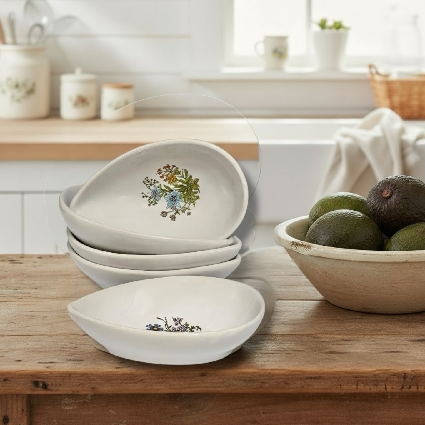 Set of ceramic avocado bowls with floral patterns on a table in a rustic kitchen