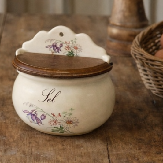 Decorative ceramic salt crock with wooden lid on a wooden surface