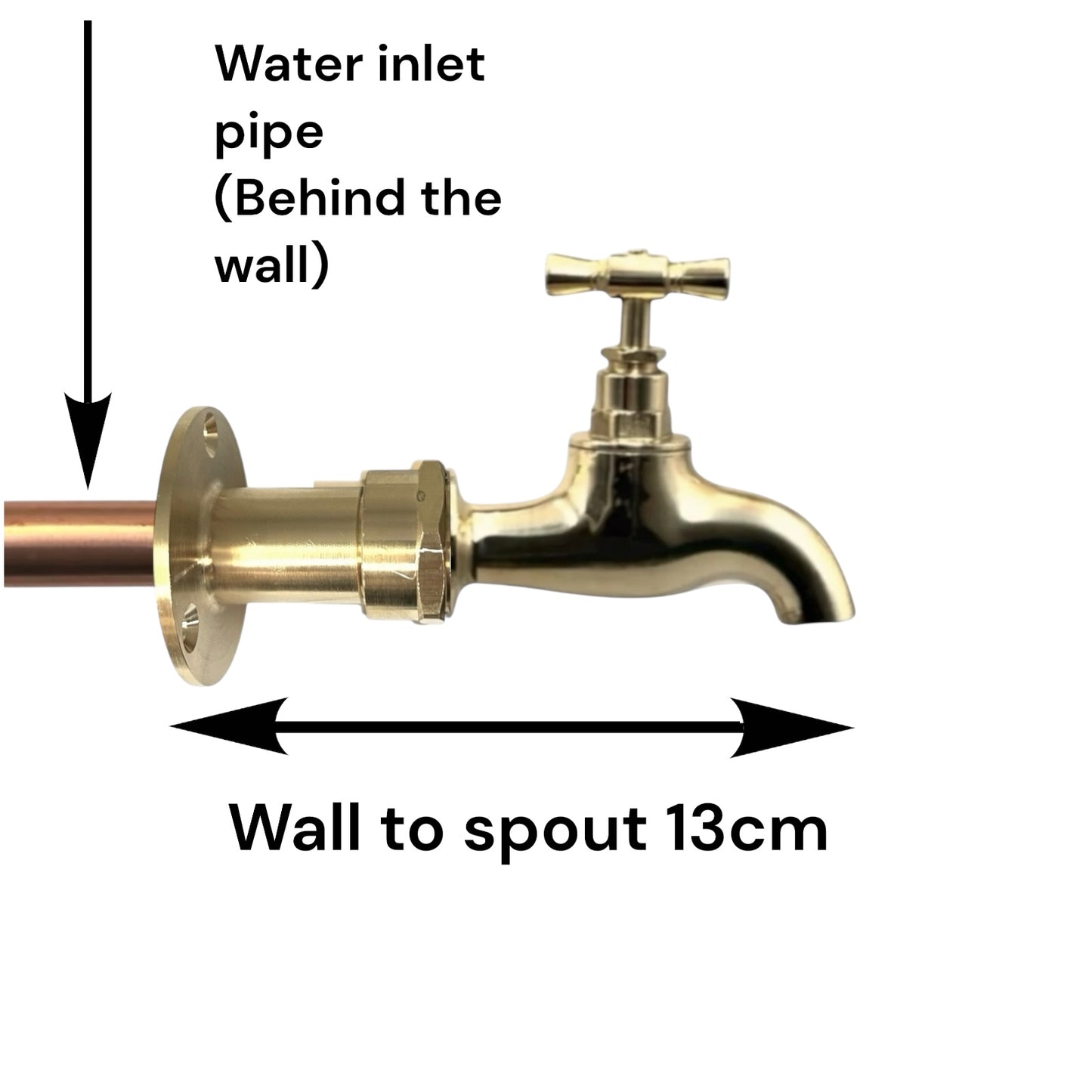 Brass water faucet with labeled parts on a white background