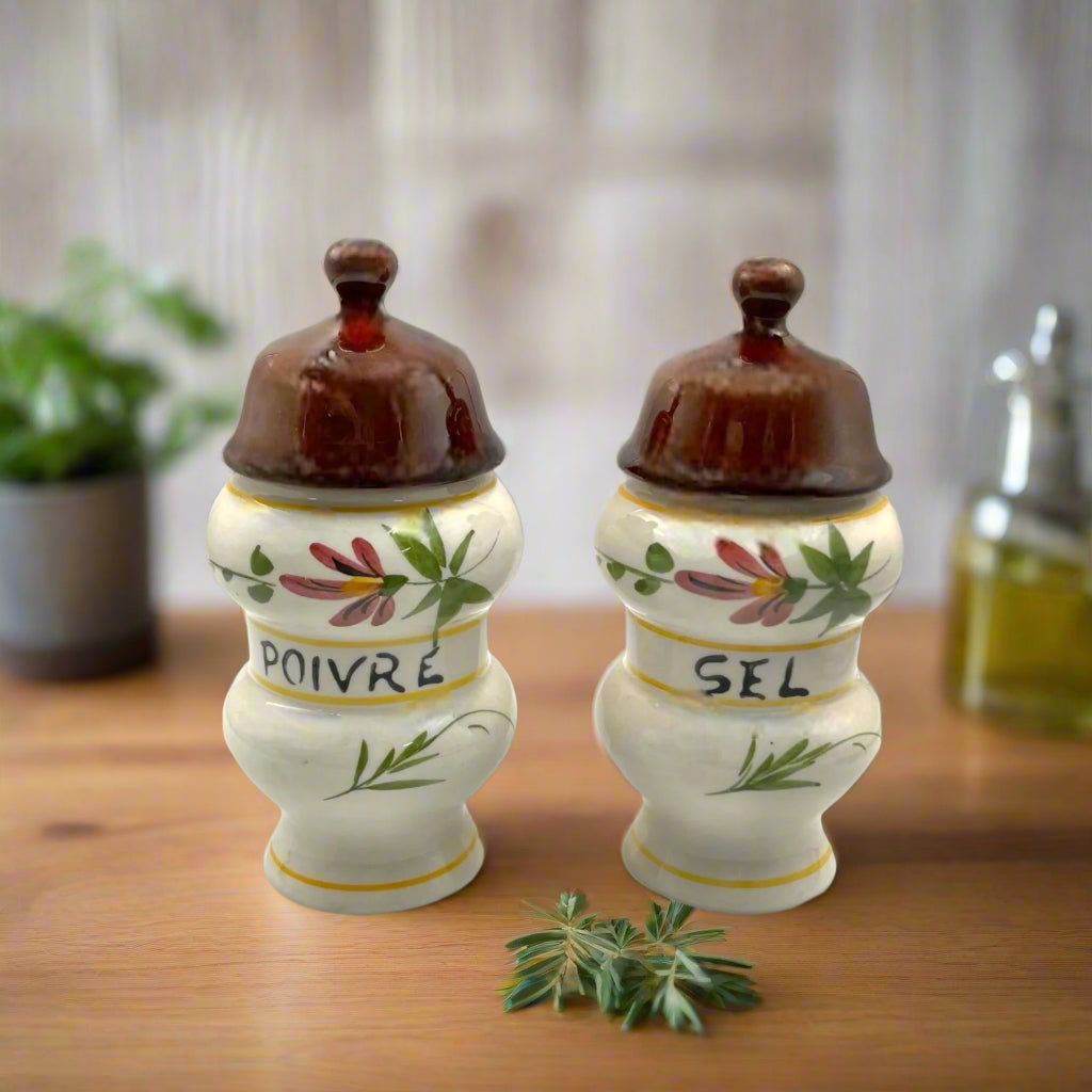 French Salt and Pepper Storage Pots on a table in a rustic kitchen for sale from All Things French Store
