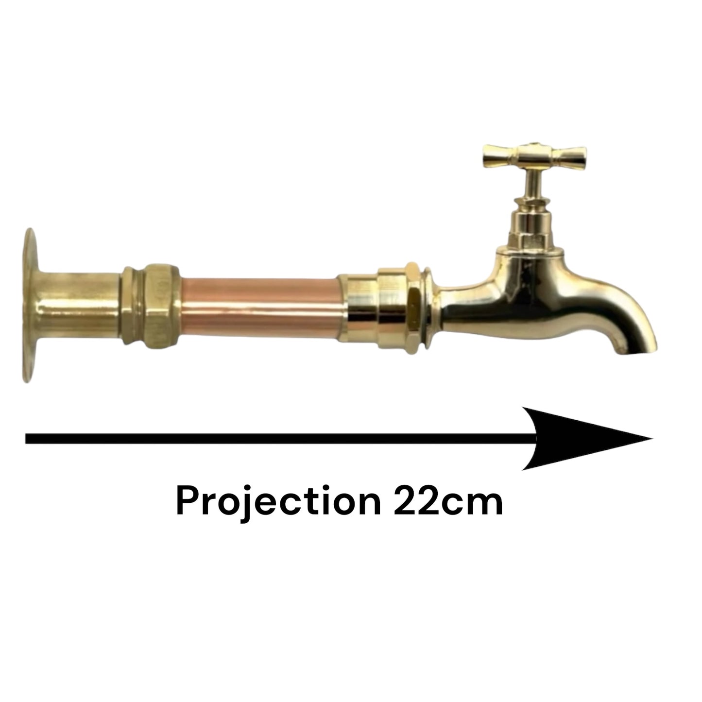 Brass faucet with copper pipe, labeled 'Projection 22cm', on a white background