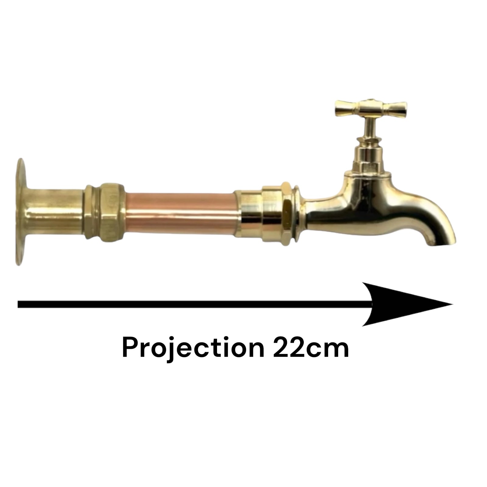 Brass faucet with copper pipe, labeled 'Projection 22cm', on a white background