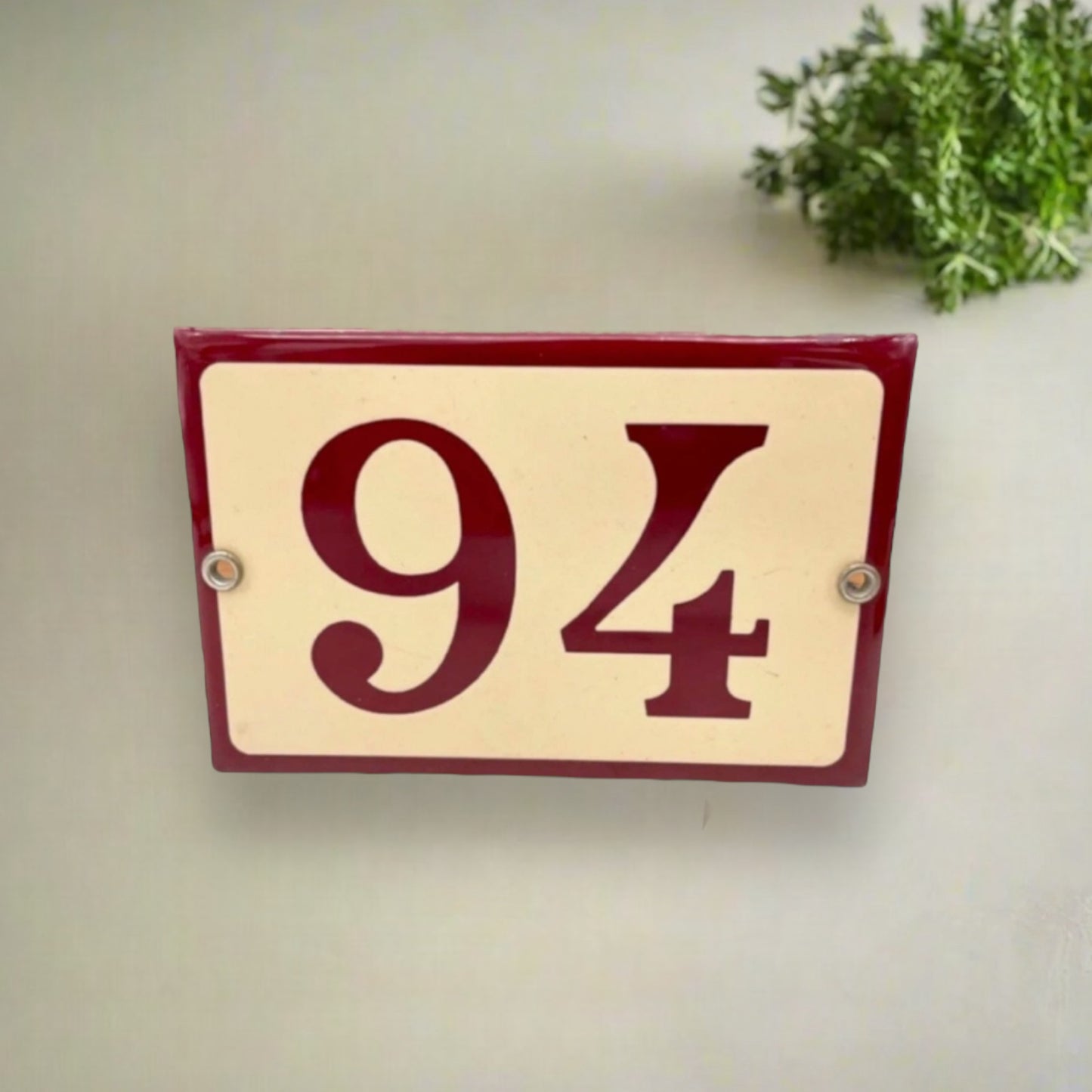 French enamel door number 94 - beige with a dark red trim and number on a grey background sold by All Things French Store