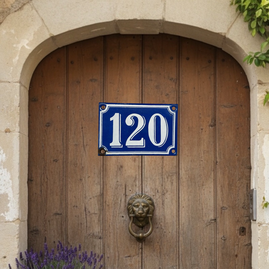 Blue house number '120' sign on a wooden door with a lion knocker.