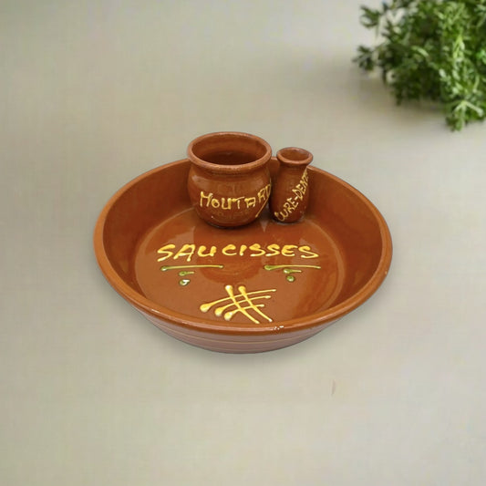 Traditional French Sausage Dish with Mustard Pot and Pick Pot, Tapas Dish