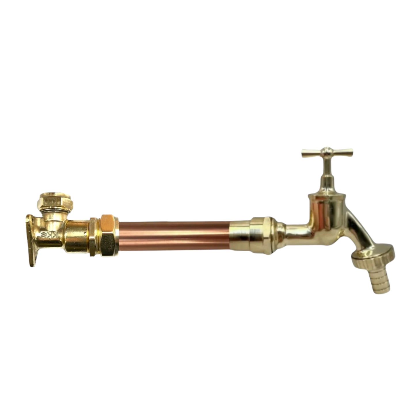 Wall mounted copper and brass tap with angled brass mounting plate to accommodate existing surface mounted pipework for sale from All Things French Store