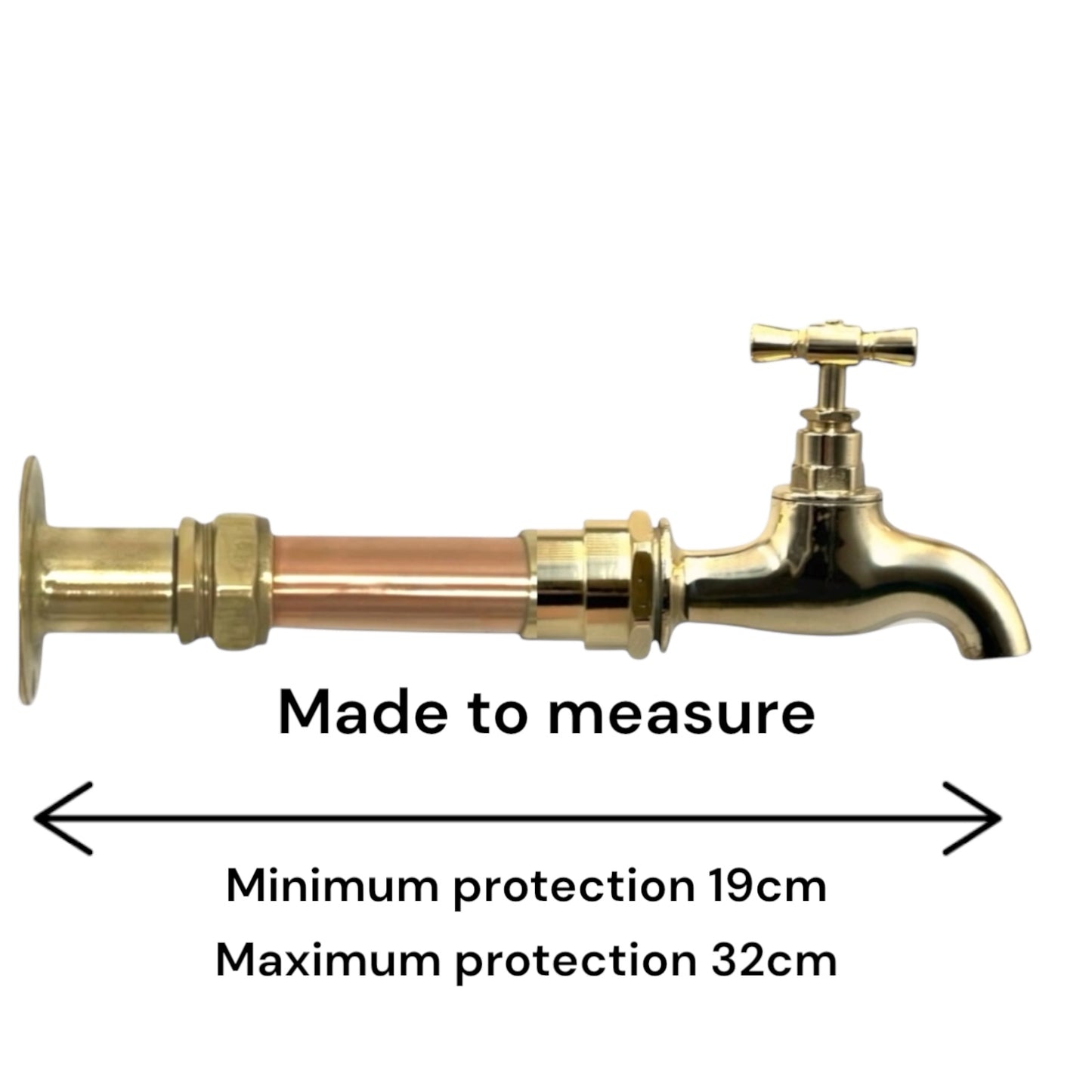A vintage style copper and brass wall mounted kitchen or bathroom tap with measurements on a white background