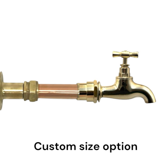 A vintage style copper and brass wall mounted kitchen tap with visible pipework, marked as custom size option.