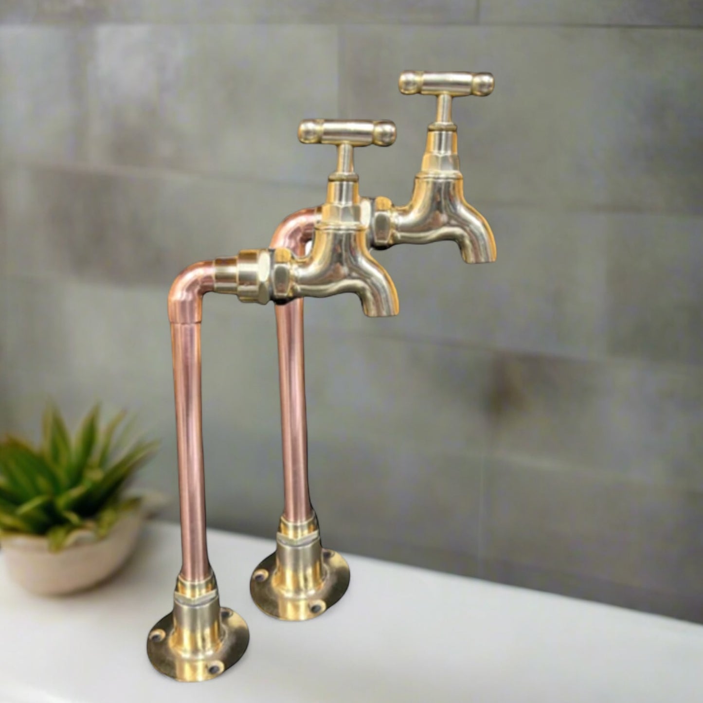 Brass and Copper Tall Pillar Taps, Small Kitchen Sink Taps, Bathroom or Cloakroom Taps (T35)