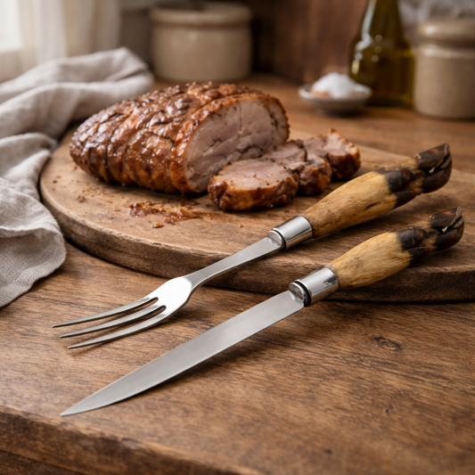 Sliced roasted meat on a wooden cutting board with taxidermy deer hoof carving tools, set on a rustic wooden table.