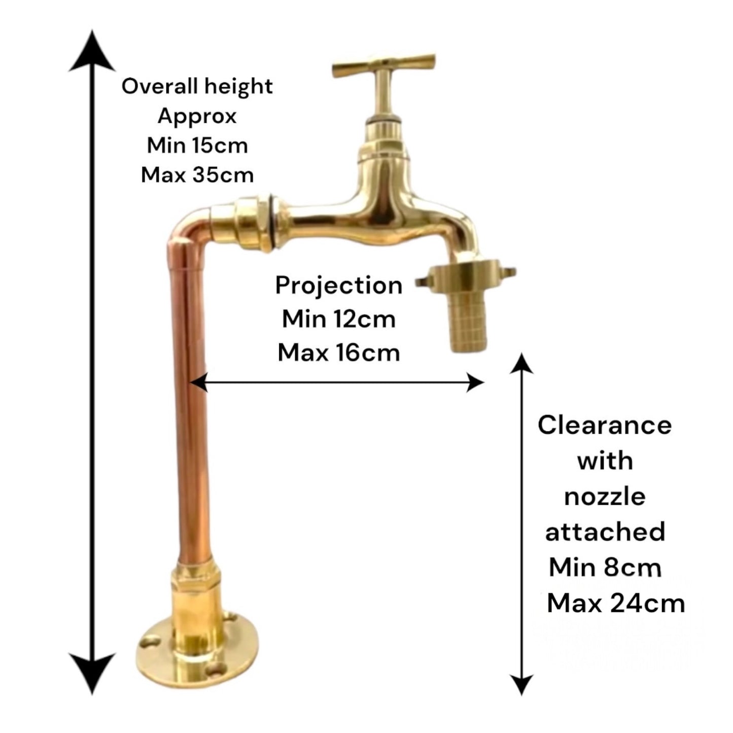 Gold faucet with measurements indicated on a white background
