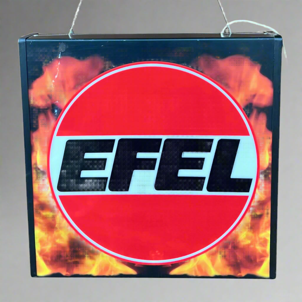 Illuminated Advertising Light Up Shop Sign with a flame background and a circle with EFEL inside