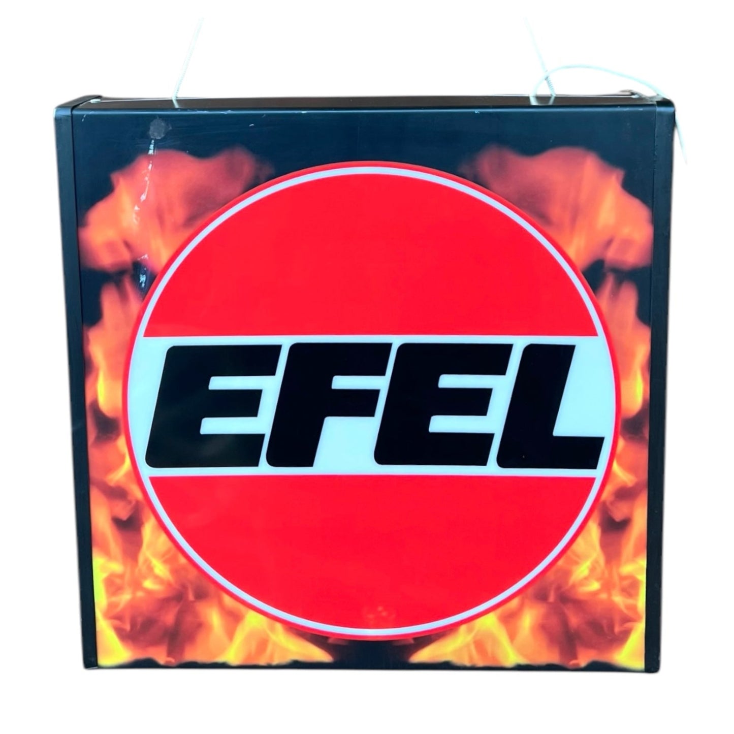 Illuminated Advertising Light Up Shop Sign with a flame background and a circle with EFEL inside