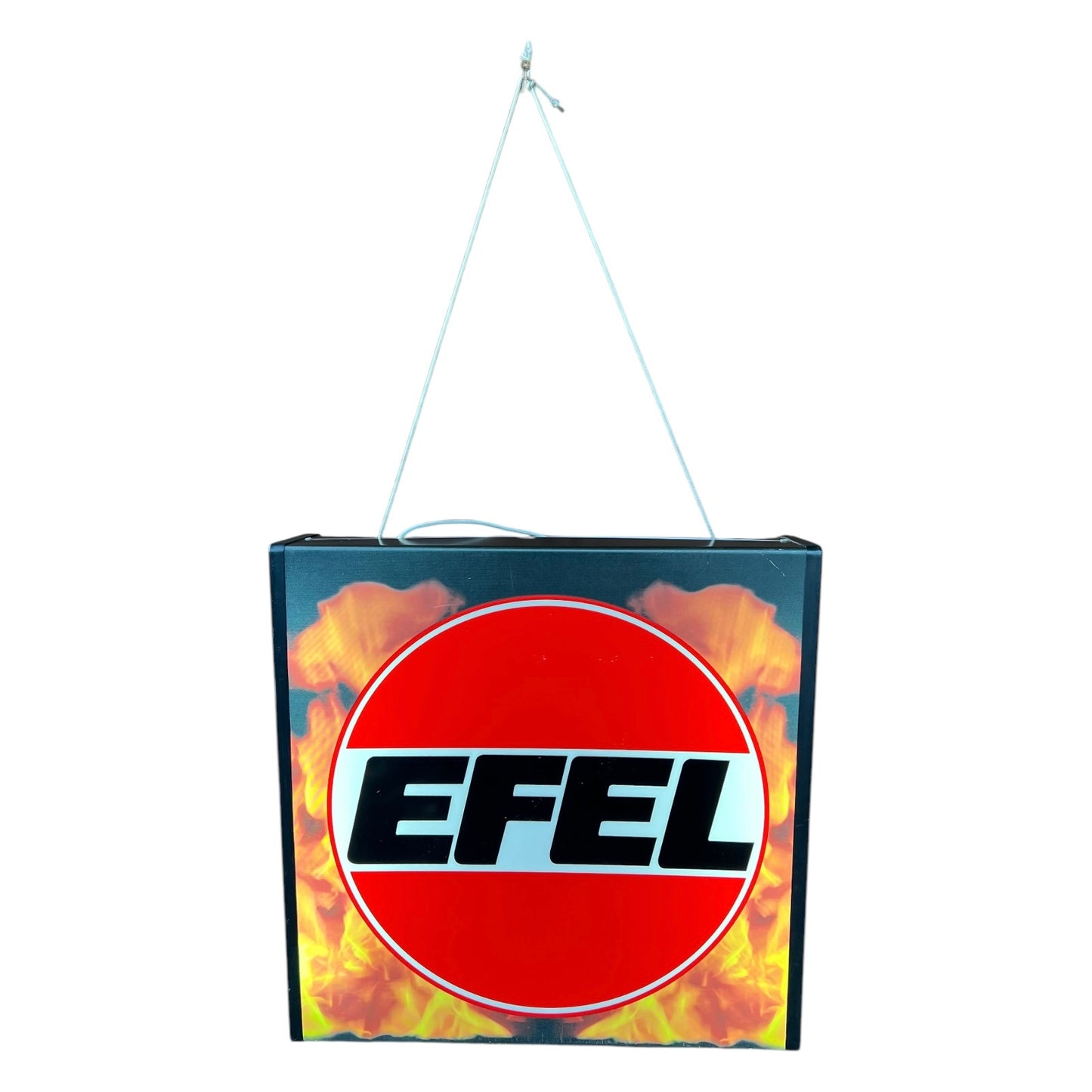 Illuminated Advertising Light Up Shop Sign with a flame background and a circle with EFEL inside