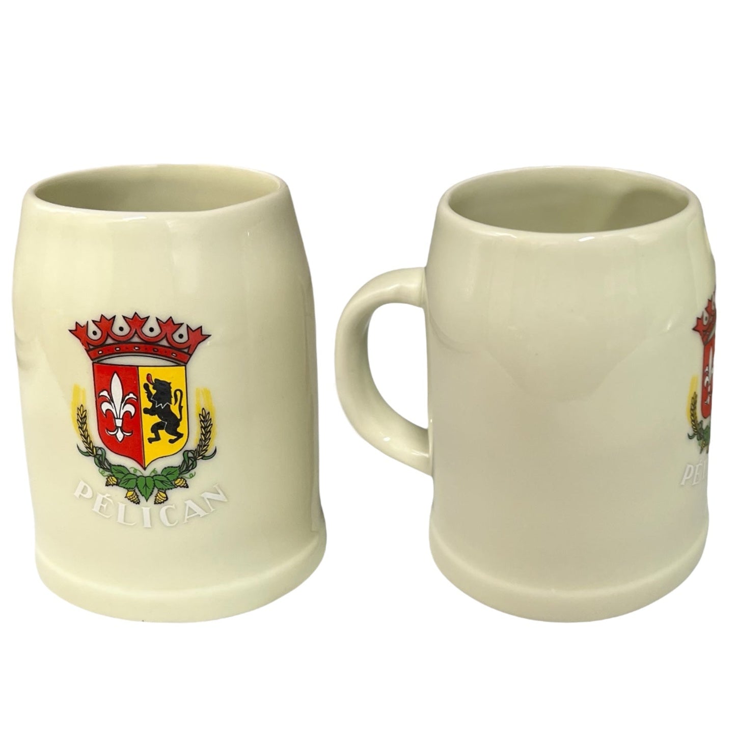 Pair of Traditional Belgium Beer Steins 0.3L, Pelican Biere Tankards on a white background