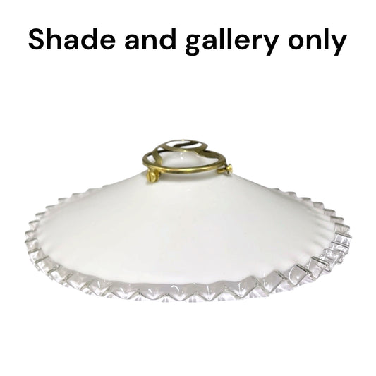 A white glass shade with a scalloped edge and a gold metal top ring, shown on a plain white background with the text 'Shade and gallery only' at the top.
