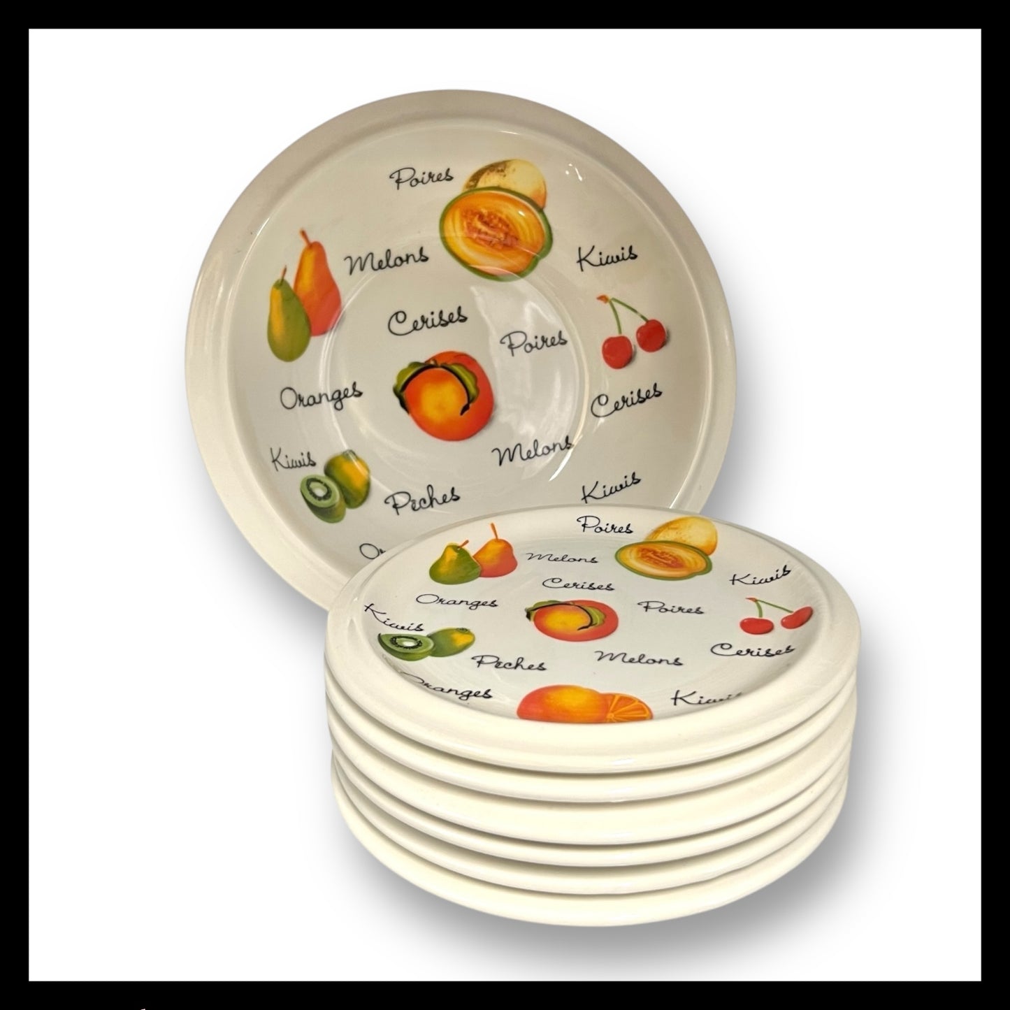 Set of 6 fruit or dessert plates with a larger serving bowl, decorated with fruits and French fruit names