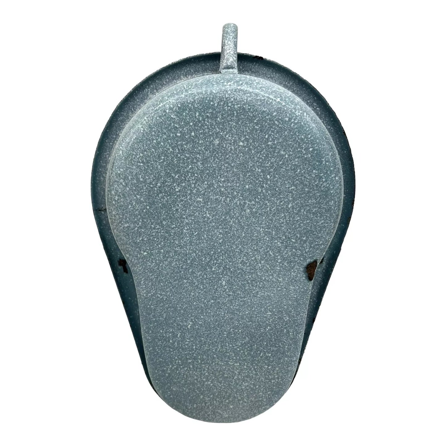 Back of a French blue metal enamel planter on a white background