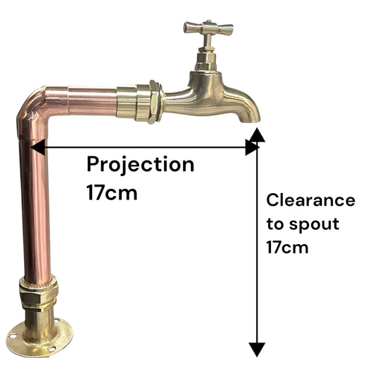copper and brass pillar tap showing dimensions on black text on a white background
