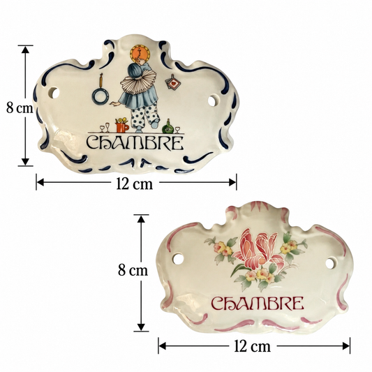 Pair of vintage French Limoges porcelain Chambre bedroom door plaques, one with blue boy design and one with pink floral design, displayed on a white background with measurements showing a width of 12cm and a height of 8cm