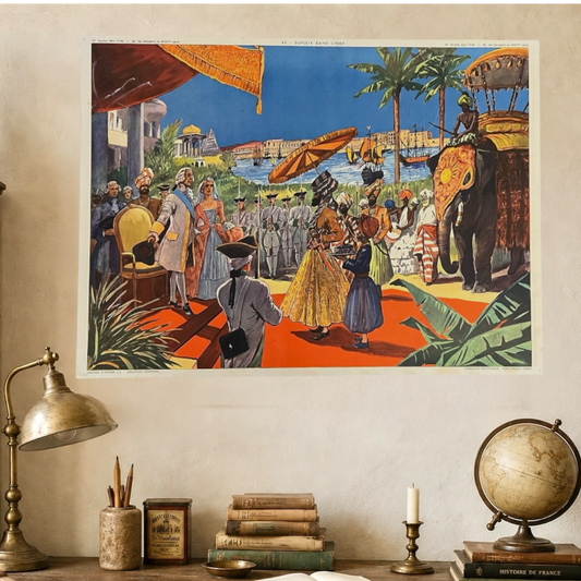 Decorative poster of a tropical scene with people and an elephant on a wall above a desk with books and a globe.