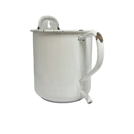 French enamel white irrigator styled as a planter with a hanging hook and front spout, ideal for a rustic vintage garden