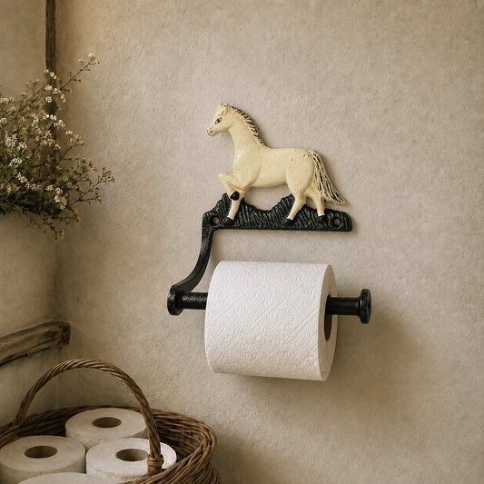 A wall-mounted toilet paper holder with a decorative horse figure on a black bracket, shown holding a white toilet paper roll against a beige wall. A basket of toilet paper rolls and a small plant are partially visible at the lower left.