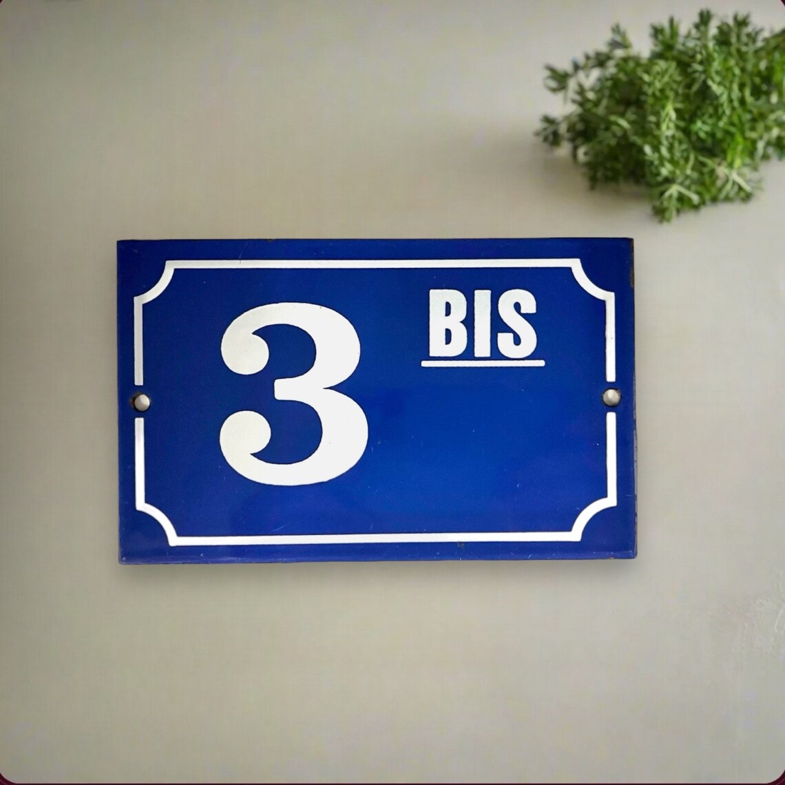 Genuine French blue and white enamel door number 3