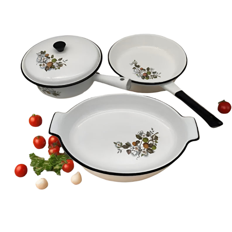 French Vintage Enamel Pan Set, Retro Farmhouse Kitchenware, Bargeware