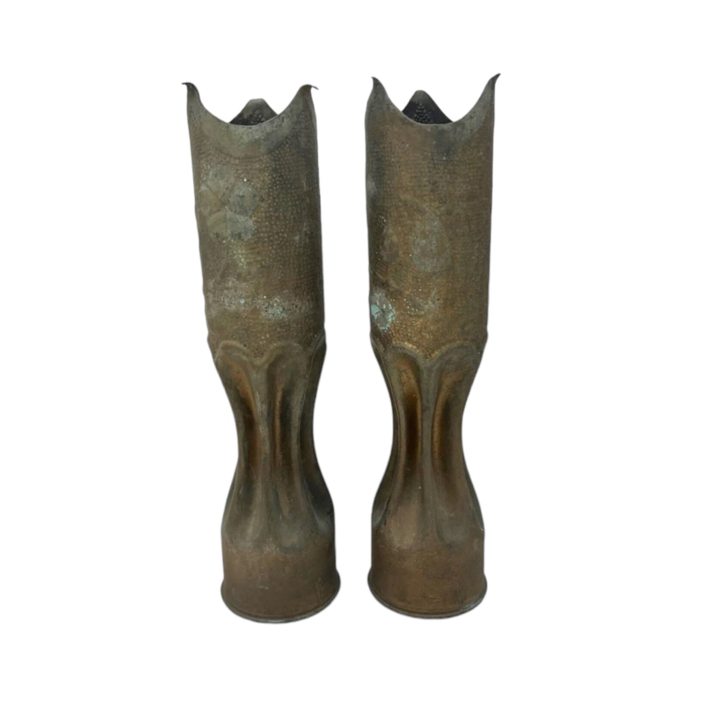 pair French WW1 militaria shell case trench art vases unpolished on a white background for sale from All Things French Store