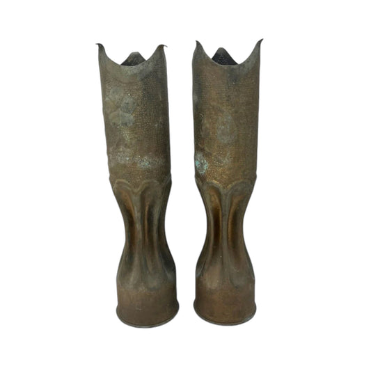 pair French WW1 militaria shell case trench art vases unpolished on a white background for sale from All Things French Store
