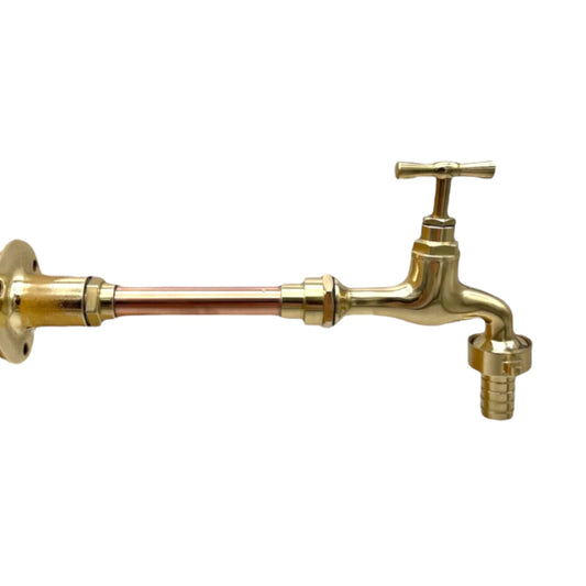 A wall-mounted brass and copper tap with a polished finish, including a spout and handle, against a white background for sale from All Things French Store.