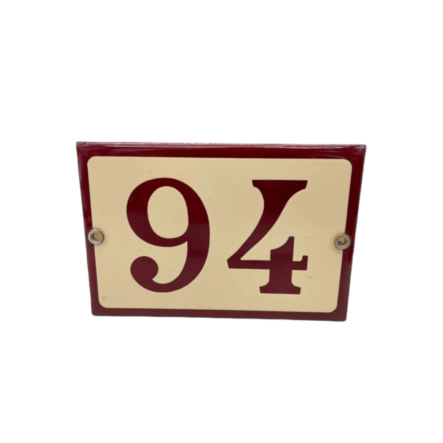 French enamel door number 94 - beige with a dark red trim and number on a white background sold by All Things French Store