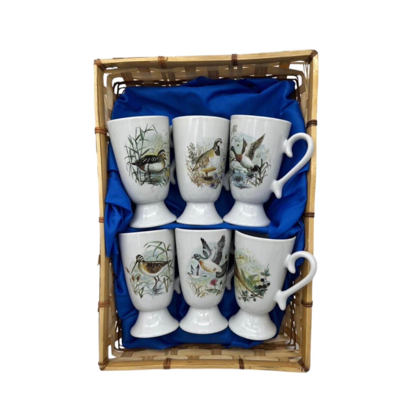 6 French Mazagran beakers cups with bird decorations on the fronts in a blue fabric lined basket for sale by All Things French Store