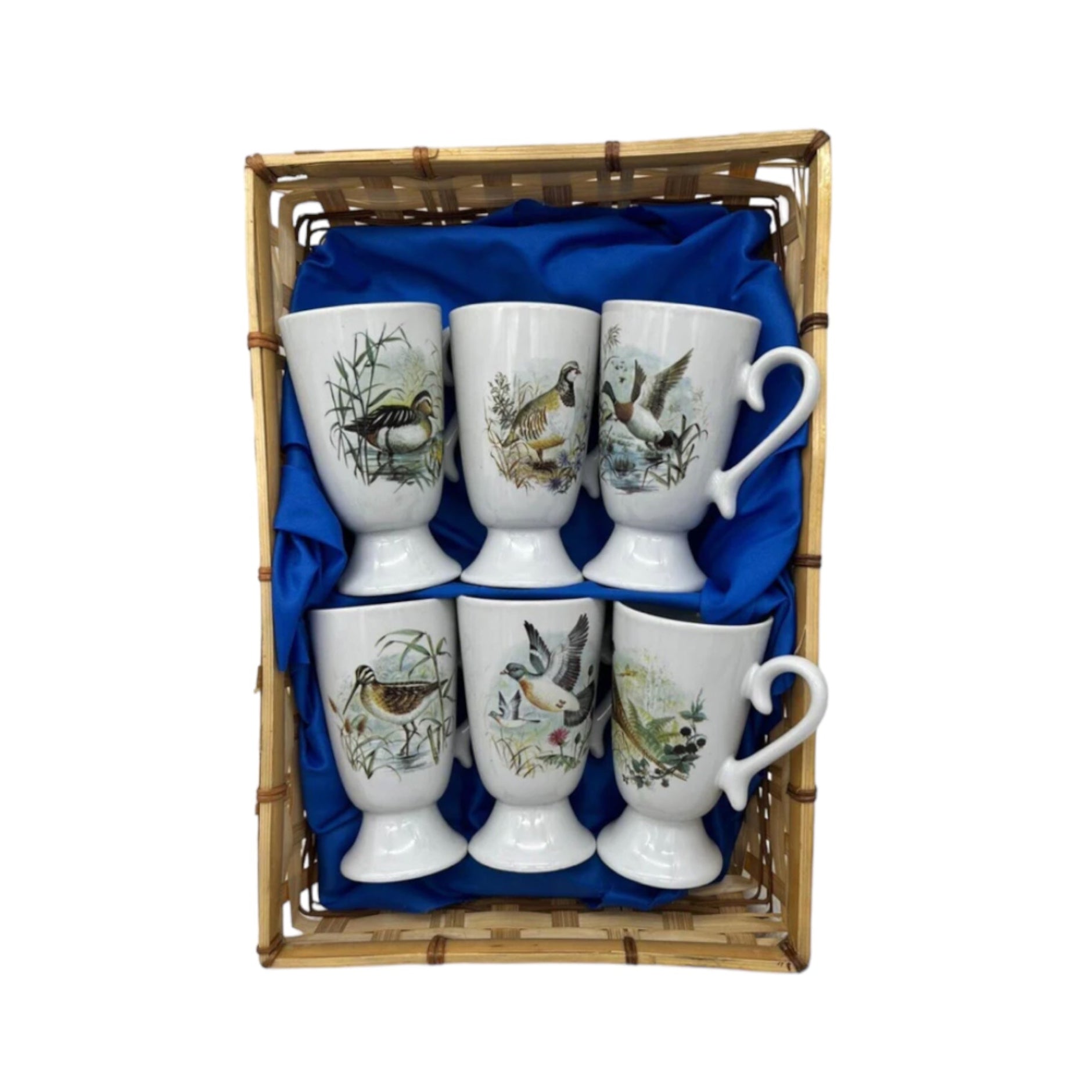 6 French Mazagran beakers cups with bird decorations on the fronts in a blue fabric lined basket for sale by All Things French Store