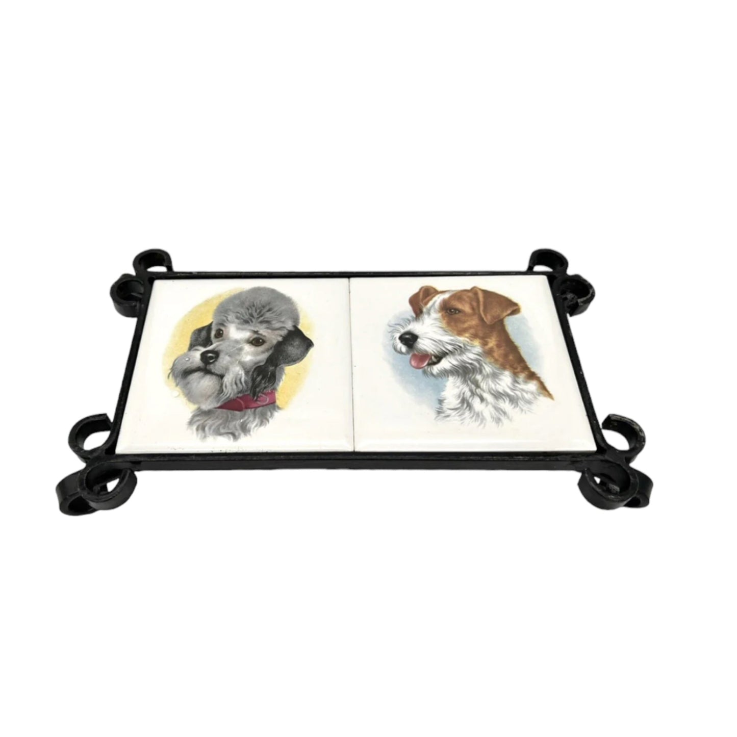 French tile topped pan trivet with an iron frame and 2 tiles -  dog pictures on a white background sold by All Things French Store