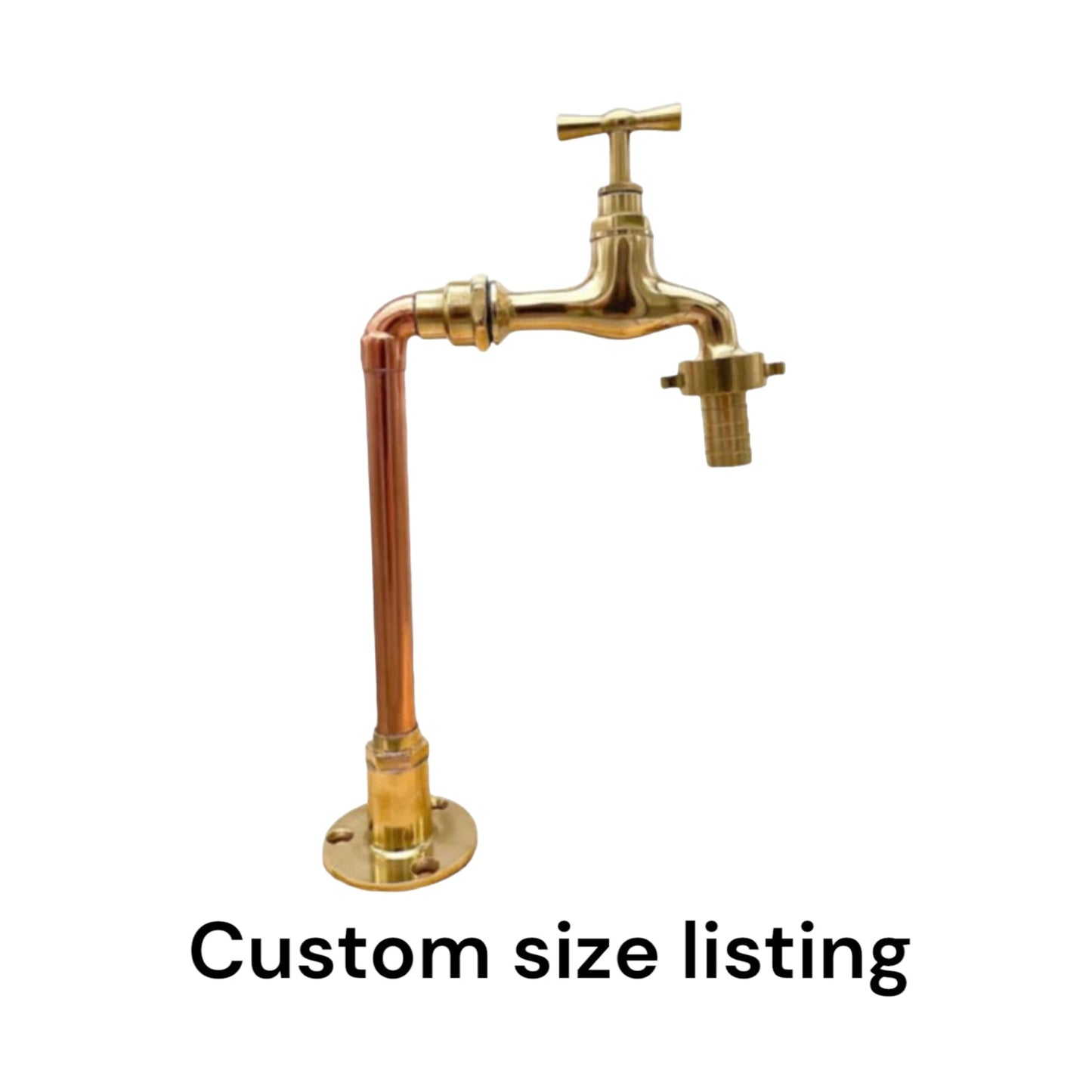 A bespoke handmade pillar tap with copper pipework and a solid brass tap head, with text indicating a 'Custom size listing' for sale from All Things French Store.